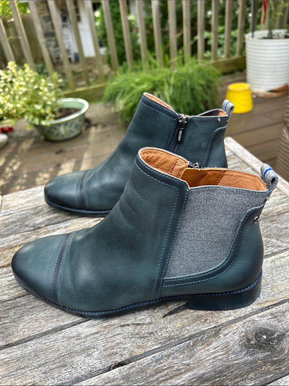 PIKOLINOS Teal Leather Ankle Booties with Gray Fabric Panel